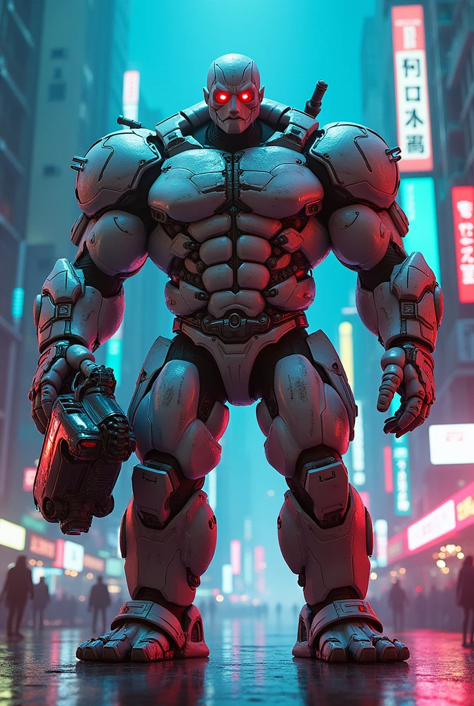 A big absurd muscular men cyborg with scars on all body, red eyes, very white skins, scars everywhere, grab a car in histoire hand, a neon luminated and colored city scenery.