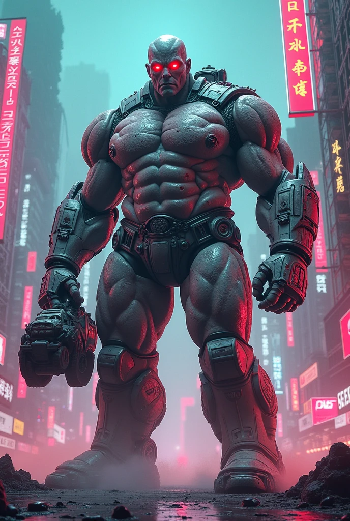 A big absurd muscular men cyborg with scars on all body, red eyes, very white skins, scars everywhere, grab a car in histoire hand, a neon luminated and colored city scenery.