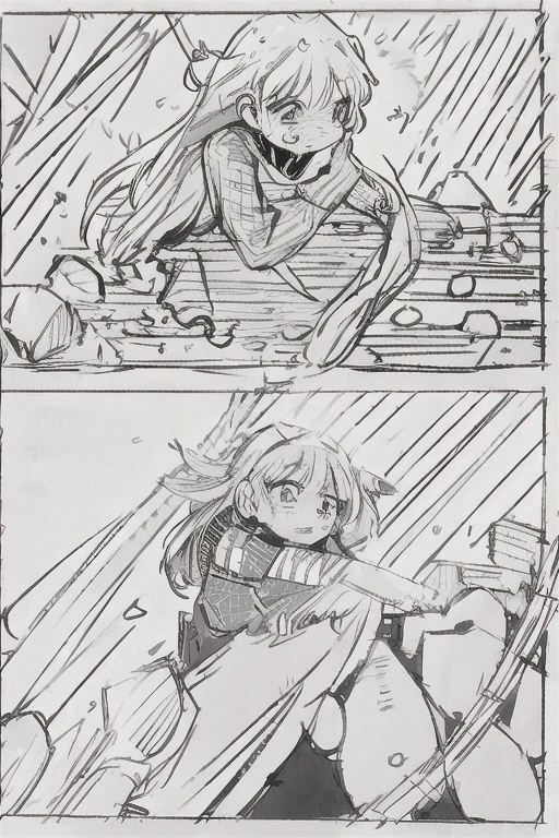masterpiece,best quality,
,zoe,zuoyi, 1girl,long hair,very long hair,forehead,, blue skirt, scarf,
line art,comic,comic,koma,text bubble