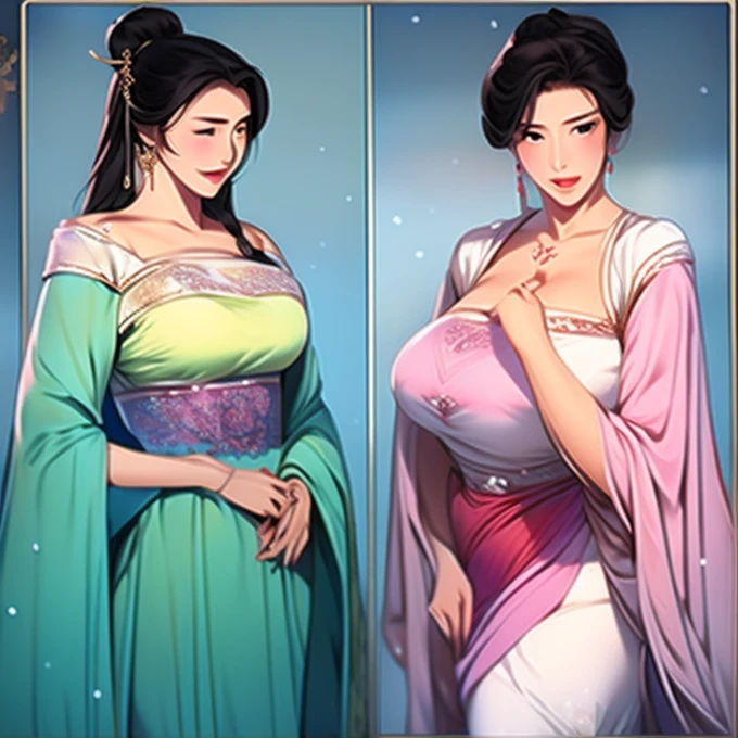 Ancient Chinese plump young women, Wearing sexy Hanfu long skirt, cleveage, Round and full breasts, The snow-white body is crying.