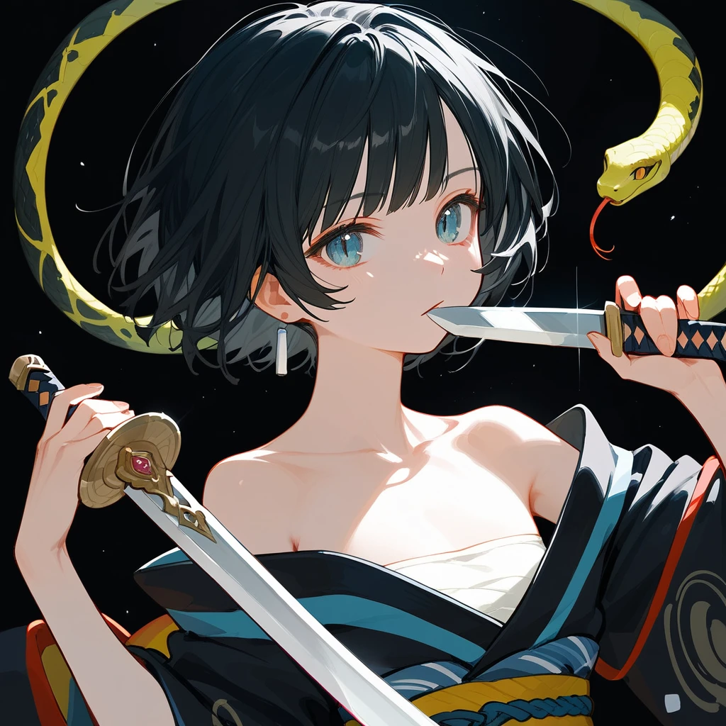 1 girl, Black Hair, iris, Off-the-shoulder kimono, beautiful_face, Black snake motif, Kimono with snake scale pattern, Solo Illustration, short hair, Black kimono, Holding a sword, Upper Body, close ~ eye, 笑face, Flat Chest