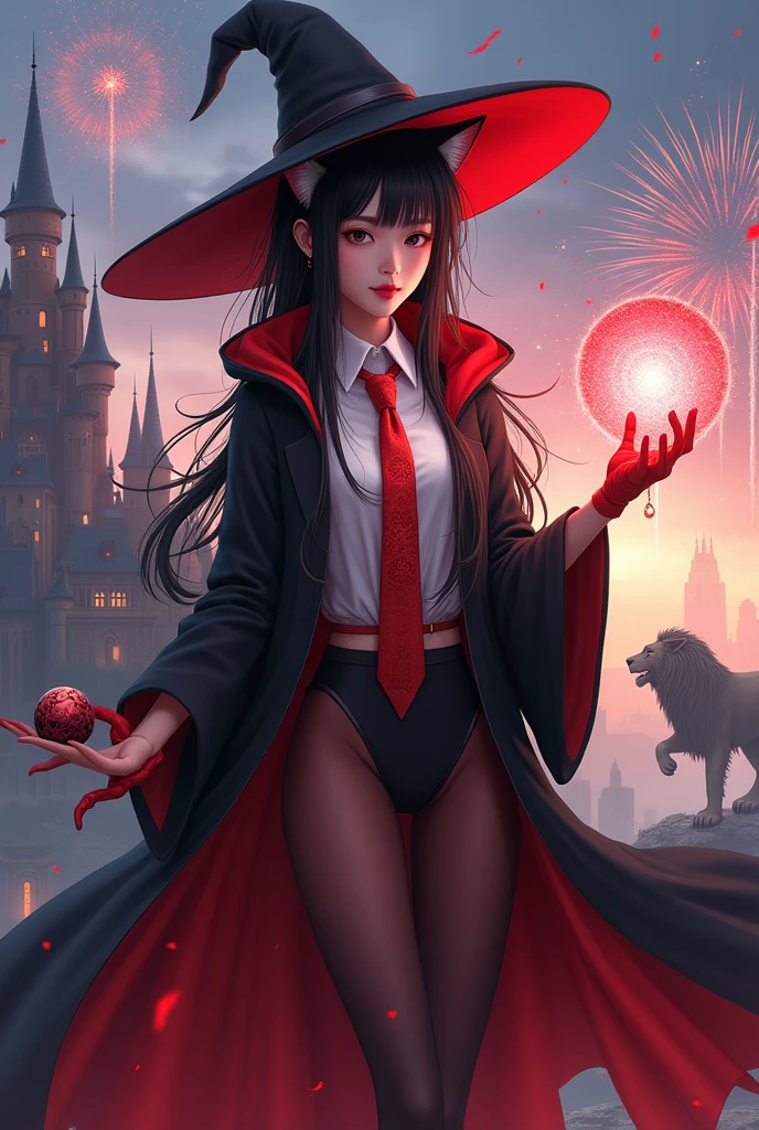 Asian Witch,black hair,Red body,cat ears,Long slender fingers,straight face,Black witch cloak, Red Hood, black witch hat, White collared inner shirt, Red and white patterned tie,Realistic,Fireworks ,Holding a marble,A red fairy flies behind.,There is a griffin,There is a lion.,Magic Castle