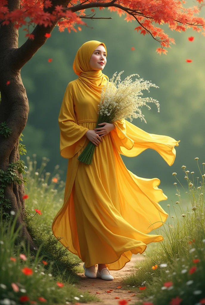 An adult girl wearing a hijab yellow shawl wears a long yellow dress like flowing water made of chiffon, wears white shoes, is in a place where lots of weeds grow, the flowers are white, and there is a tree whose fallen leaves are red. . smiling while holding white flowering wild grass.