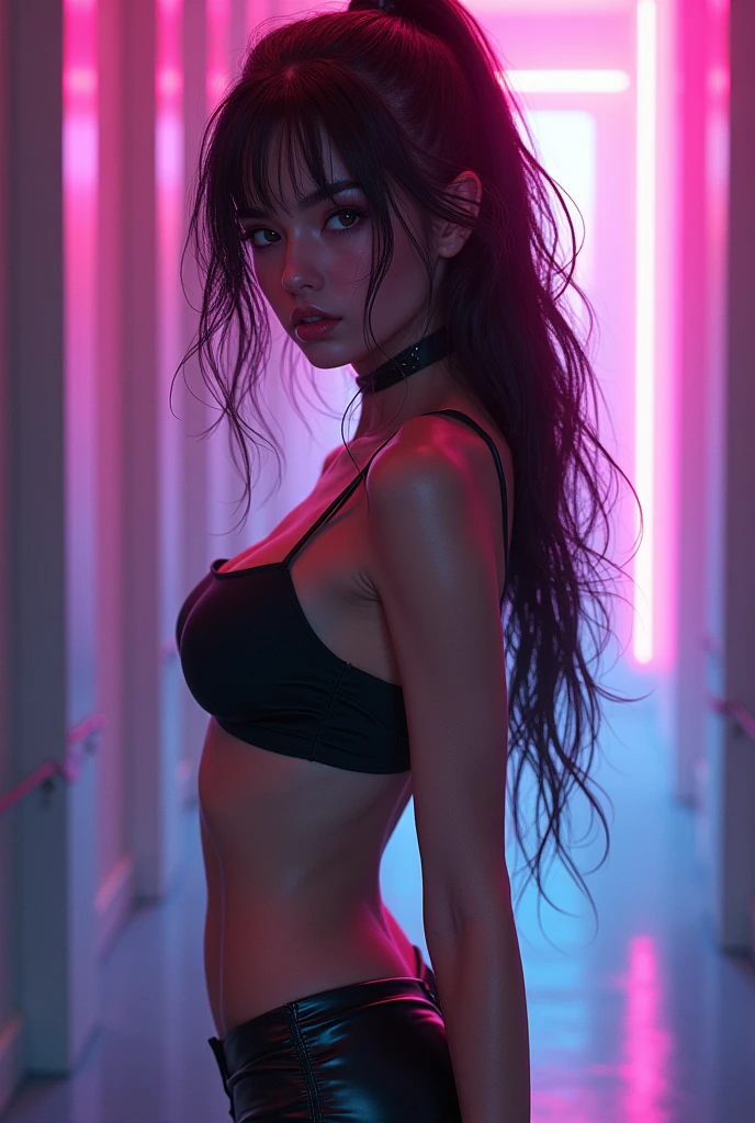 1girl, cyberpunk, (full body:1.1), thighhighs, cleavage, perfect eyes, perfect face, kuvshinov, (gradient background:1.2),