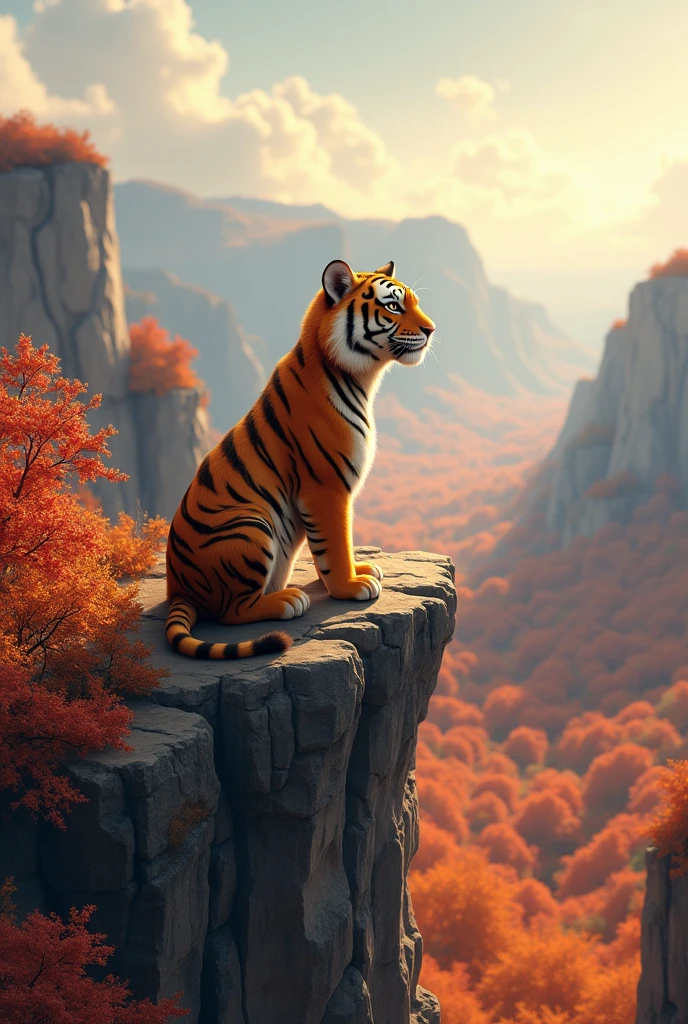 a cute brown tiger on a cliff, overlooking from a high place, autumn background, cute tiger style