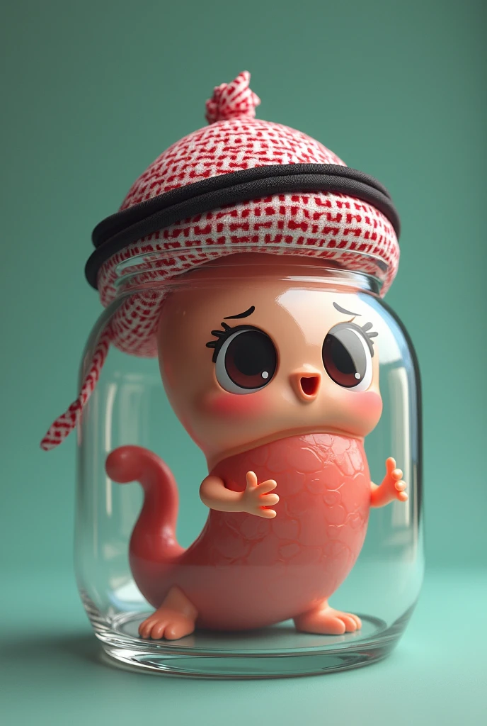 an appendix in a glass with. The appendix as cute eyes and it is wearing a head turban of saudi men