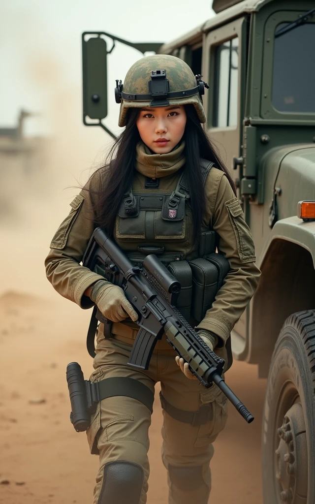 Ultra-high resolution,High-resolution details,Wearing Army Camouflage,Super sexy Korean tank soldier,Wearing a black military vest,Wearing a military helmet,Advanced and complete equipment,fully armed,Climb into the car,close up(1 Korean female soldier,Super beautiful,Super fair skin,Super white face)full-body shot,panoramic,Wide-angle lens,Sand and dust flying,Smoke of war,airplane