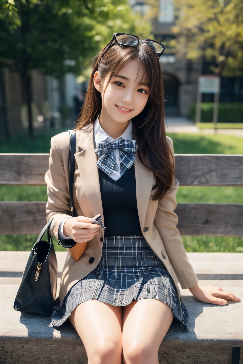 1 young girl,very cute and beautiful japanese teen actress,highly detailed beautiful face,smile,happy,
blazer beige jacket,collared shirt,plaid bowtie BREAK detailed legs,zettai ryouiki,brown shoulder bag,
sitting on park bench,dynamic angle,hair ornament,black hair,(blue plaid mini skirt),
flower garden,grassland,solo,real person,photorealistic,8k,raw photo,