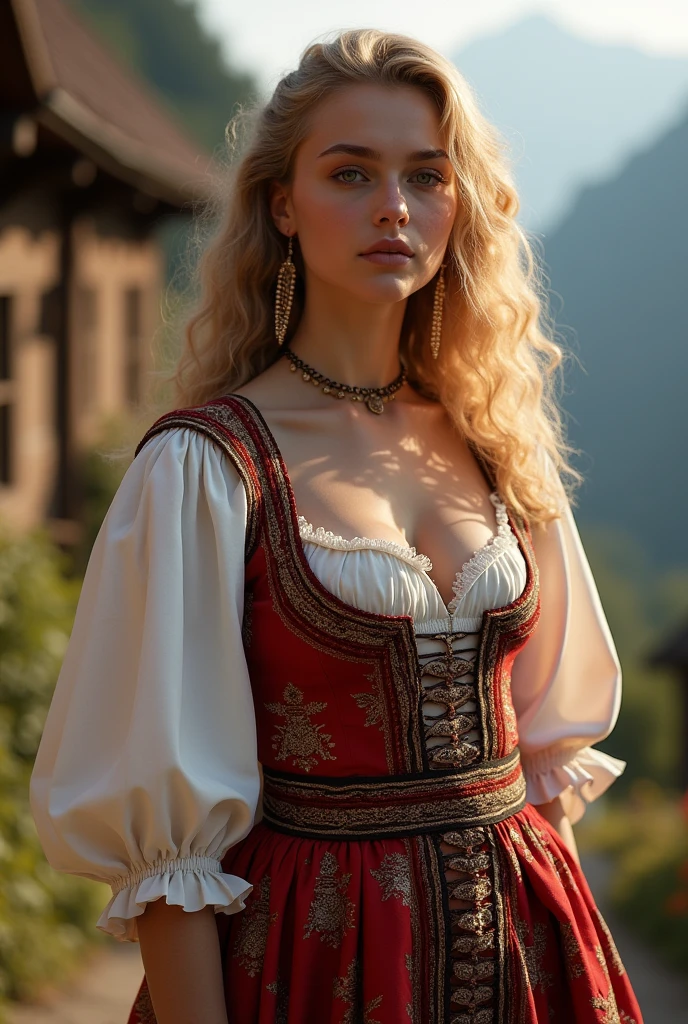 young woman (beautiful Latvian), standing, wearing sexy Latvian national costume, (( big breasts)), daytime, Latvian mountain village, detailed body, detailed face, gorgeous, surreal, charming, cute, long light curly hair, hot summer, bokeh effect, detailed background, volumetric lighting, drop shadow, 8k