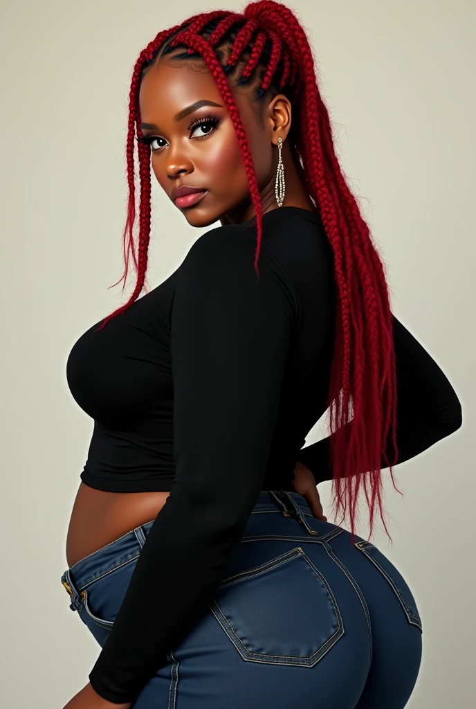 A brunette woman, red box braids in hair, Big butts, breasts big, blue eyes potato nose. She wears a black sweater