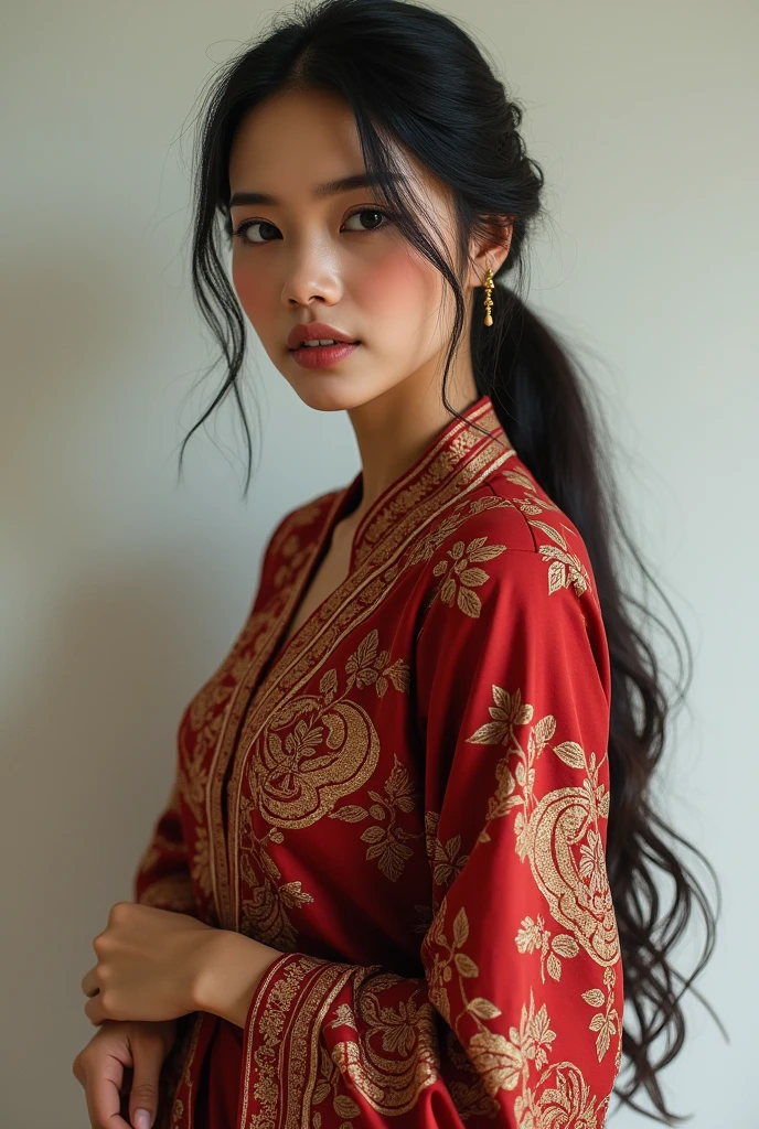 (realistic, photo-realistic:1.4), (masterpiece, best quality:1.2), raw photo, high resolution, intricate details, Extremely detailed, Sharp focus, portrait, dynamic pose, Alone, 1girl, 3. Javanese woman. the face is quite round. Cheeks are a bit chubby.the nose is quite pointed. lips are quite thick. brown skinned. long hair. Medium bust. Body is a bit fat,lower lip is quite thick. wearing kebaya. wearing a bun