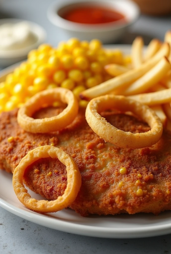 French fries rings, fried chicken steak and corn on a plate