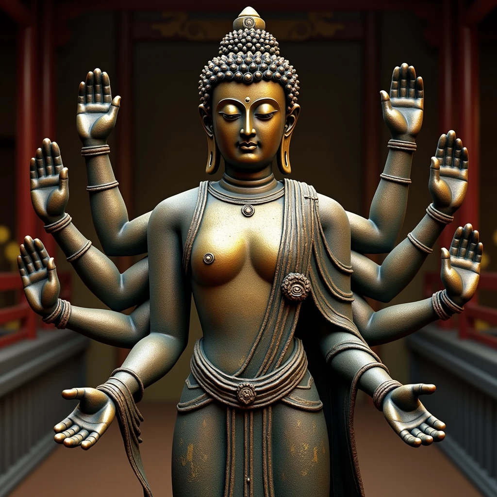 A detailed, ancient statue of a multi-armed Buddha, standing in a serene pose. The statue is richly adorned with golden and dark bronze textures, giving it an aged, sacred appearance. It has numerous hands holding various symbolic objects, each intricately detailed, reflecting spiritual significance. The face of the statue is calm and composed, exuding a sense of peace and wisdom. The background is a traditional temple setting, emphasizing the statue’s sacred and historical ambiance. The overall atmosphere is one of reverence, spirituality, and ancient artistry.