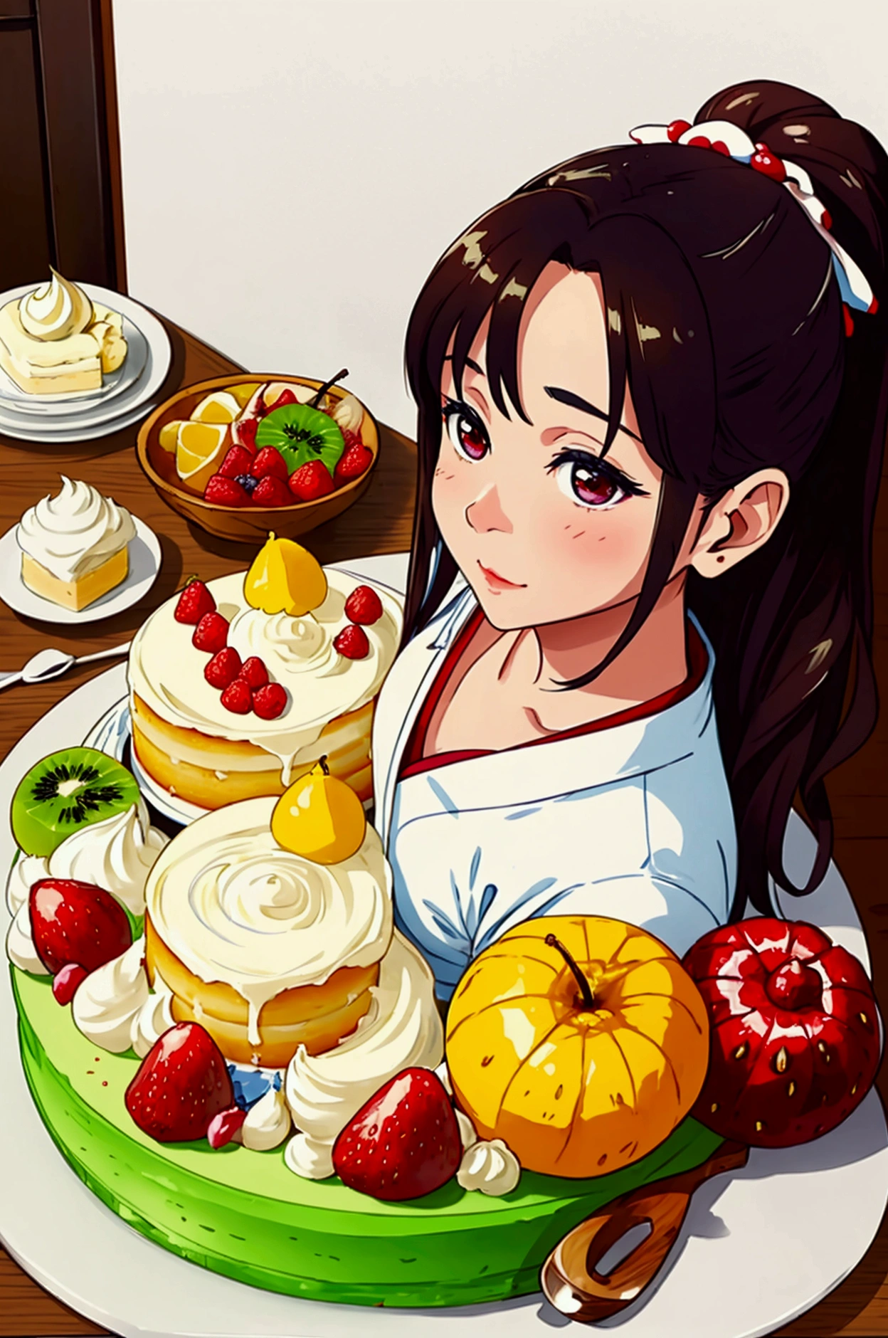 Create some very realistic homemade dishes, cake, table, fruits, 沢山のfruits, Fresh cream, I don&#39;t want it to look more real.