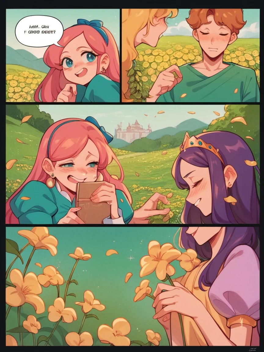 score_9, score_8_up, score_7_up, score_6_up, p4n3ls, 1girl, 1boy, flowers, long hair, panels, (8k, best quality, master piece: 1.2),super high resolution,A page of a soft pastel colored comic book divided into frames、Romeo and Juliet、A princess falls in love with a prince、speech bubble、Powerful girl manga style