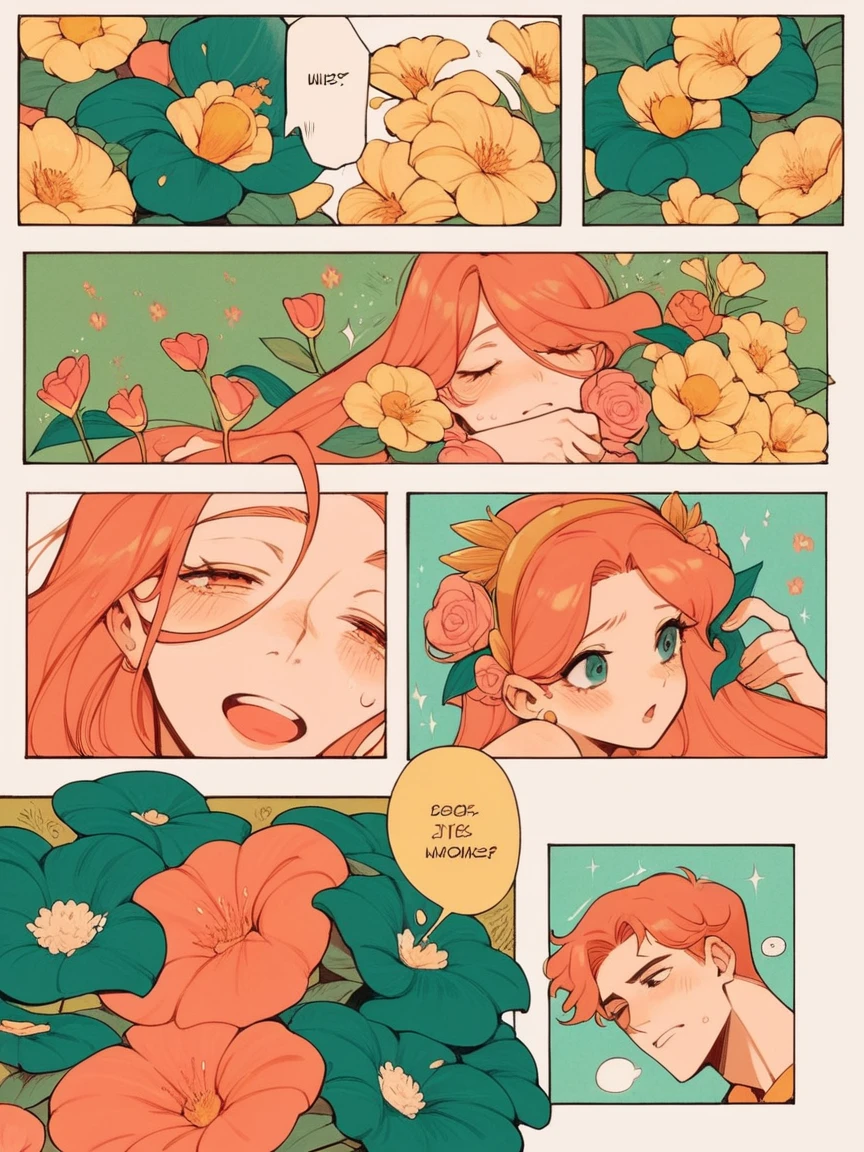 score_9, score_8_up, score_7_up, score_6_up, p4n3ls, 1girl, 1boy, flowers, long hair, panels, (8k, best quality, master piece: 1.2),super high resolution,A page of a soft pastel colored comic book divided into frames、Romeo and Juliet、A princess falls in love with a prince、speech bubble、Powerful girl manga style