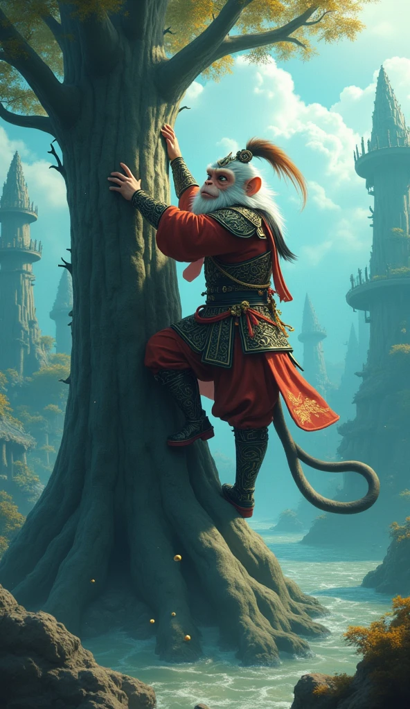 Action scene, full-body view has a huge tree standing tall on the clouds, Sun Wukong, the gray-haired monkey king, in a warrior costume, wearing a pheasant feather crown, wearing Chinese-style armor, in a red suit with a Chinese general armor, climbing a huge and long tree, the shiny metal CG is decorated with Chinese patterns in gold and black CG, exquisitely beautiful, dazzling in the underwater city, the ground is covered with waves and bubbles, the picture clarity is very high, HD level.