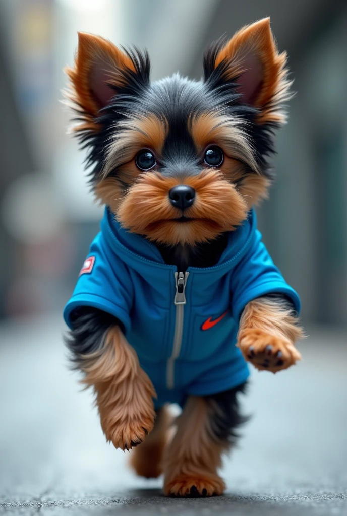 (photorealism:1.2), cuteAn adorable Yorkshire Terrier puppy with a black-blue coat, lighter shades on face and paws. Her fur is silky and smooth, wear blue nike astronaut dress, walking on runway