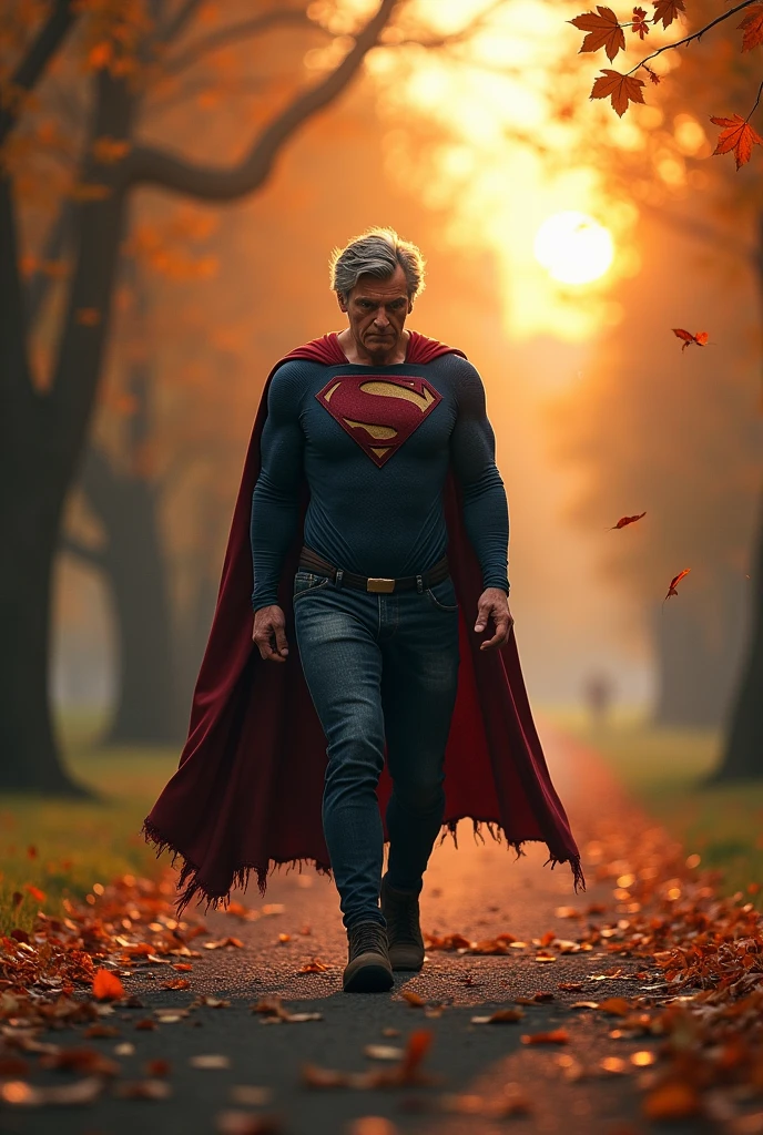 Superman, now with grey hair, posture is slightly hunched, walks slowly through a park. his cape is tattered. Background: A quiet park with autumn leaves falling, the sun rising in the distance. Narration: "Time waits for no one... not even legends."