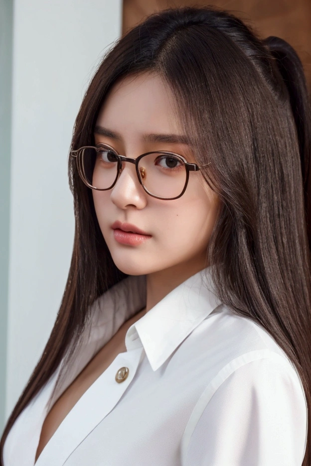 ((best quality)), ((masterpiece)), (detailed), (photorealistic:1.4), best quality, masterpiece, ultra high res, 1girl, (detailed face:1.2), (detailed eyes:1.2), (detailed hair:1.2), (detailed clothes:1.2), 4k, (detailed color:1.2), perfect face, beautiful body, pretty face, ager female, perfect body, Ultra-high detail, Photorealism, Intimate atmosphere, flowing light, black straight hair, ponytail, glasses, white blouse, black coat, unbuttoned coat, at the office, straight face