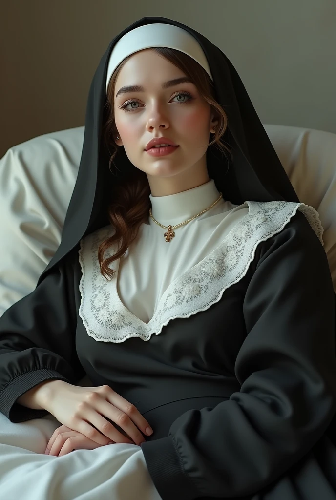 Create a sexy nun girl lying down 