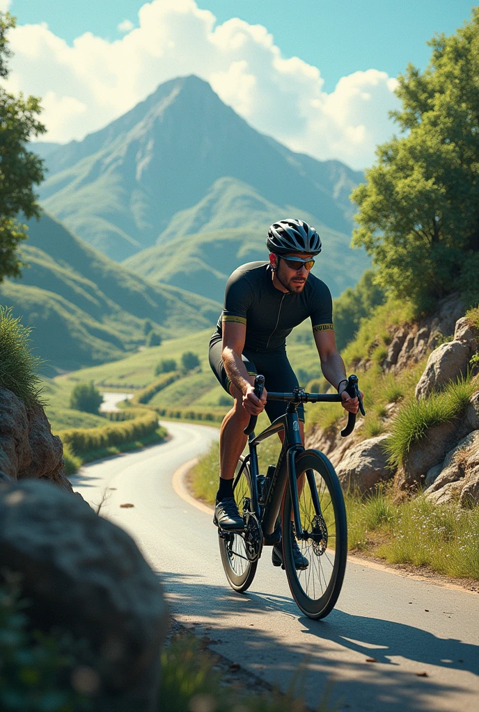 A rider riding bike in hills and road