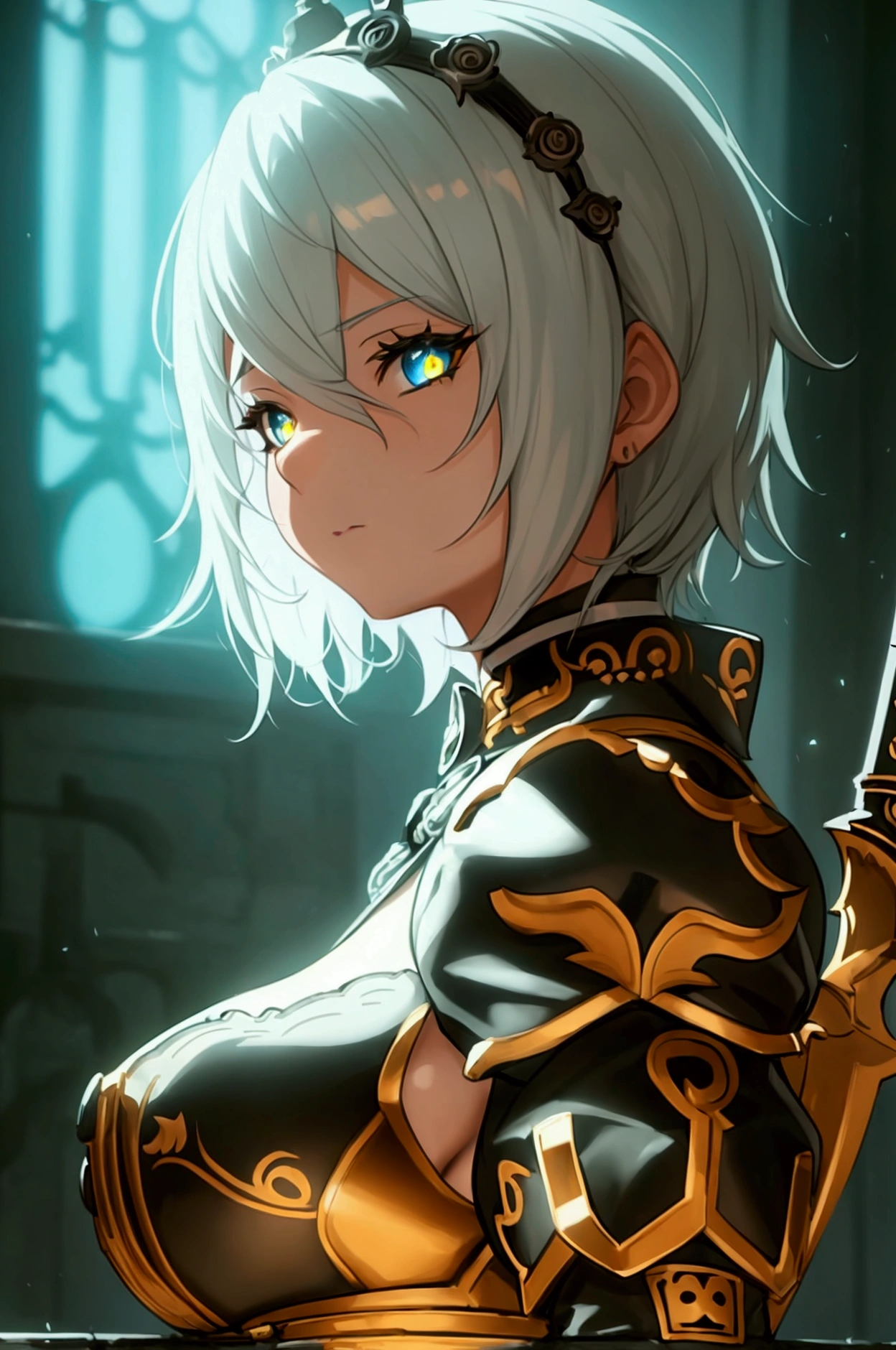 one girl, dynamic pose, extremely detailed, simple colors, holding weapon, battle maid, beautiful, anime style, psychopath like theme, short white hair, full body, intricate details, dramatic lighting, cinematic composition, high contrast, vibrant colors, chiaroscuro, digital art, concept art, masterpiece, hyper-realistic, 8k, HDR, photorealistic, detaled outfit