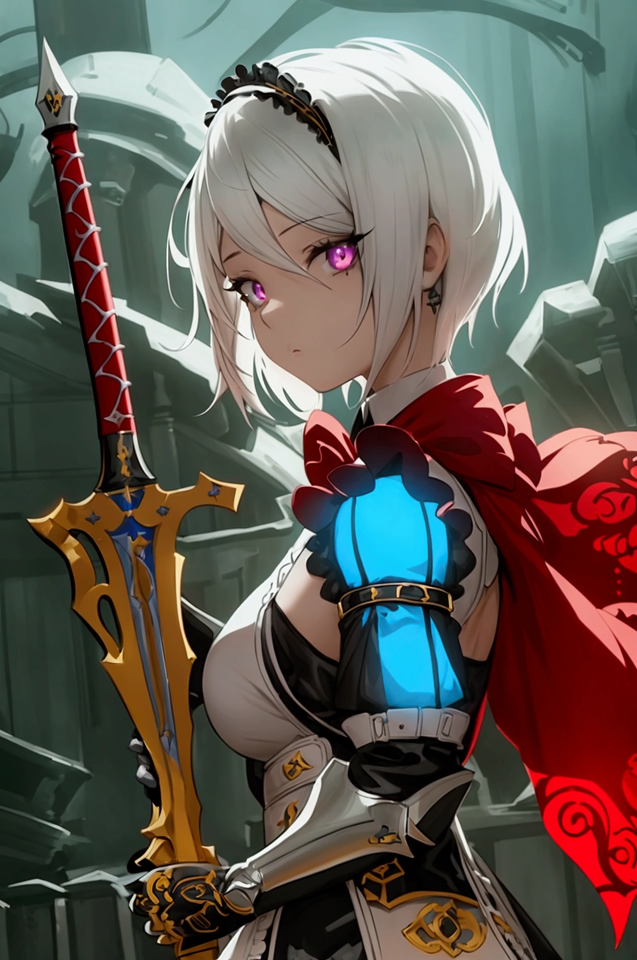 one girl, dynamic pose, extremely detailed, simple colors, holding weapon, battle maid, beautiful, anime style, psychopath like theme, short white hair, full body, intricate details, dramatic lighting, cinematic composition, high contrast, vibrant colors, chiaroscuro, digital art, concept art, masterpiece, hyper-realistic, 8k, HDR, photorealistic, detaled outfit