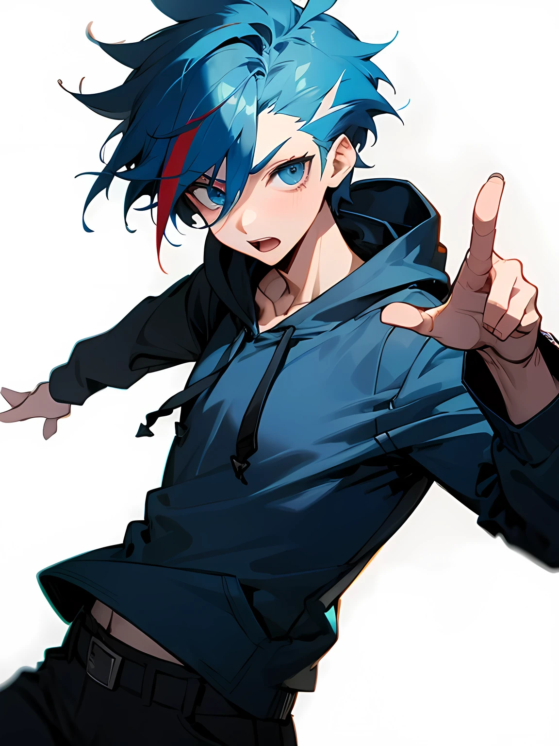 chibi,solo,upper body,boy,blue streaked color hair,short spiky hair,open forehead,male eyes,male nose,male mouth,blue hoodie,cargo pants,fighting stance,model pose,I'm the main character,white simple background,