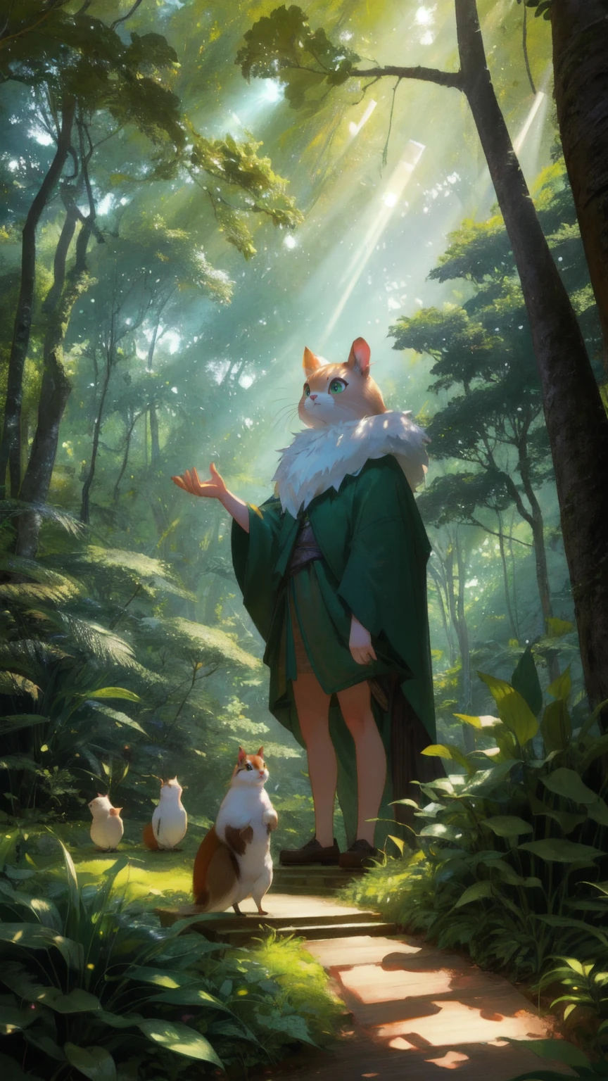 A whimsical wooden character standing on a wooden podium surrounded by lush green foliage, with one hand raised in a dramatic pose as if making a grand announcement. The character is designed with exaggerated features, like large eyes and expressive limbs, adding a humorous touch. In the background, vibrant shades of green fill the scene with beams of sunlight streaming through a dense jungle canopy. Surrounding the character, small animals like birds and squirrels gather curiously, adding a playful element to the environment. The entire scene conveys a sense of anticipation and excitement in a magical forest setting.