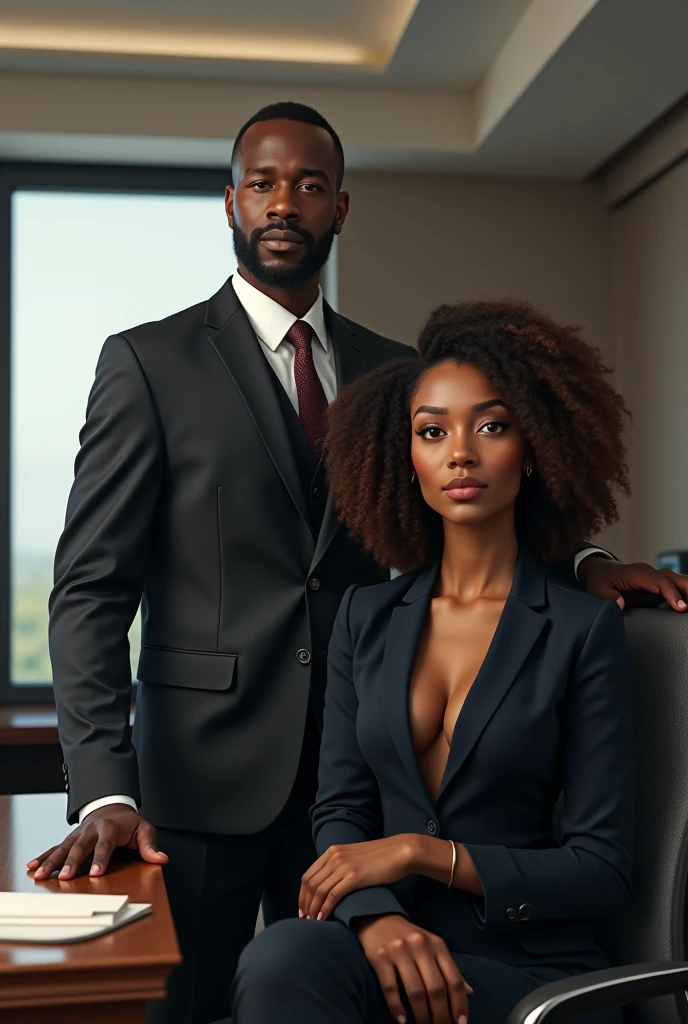 Could you generate for me a book cover, here are the descriptions
Yara is of a mixed race therefore she is light skin. , she has curly brown hair, she has beautiful lips, a caramel skin, 5'5ft and then Amari is of a replica of Henry cavil
I need them in suits ( let the woman wear a ladies suit) like in an office setting.. the woman young (25year)is sitting down and the man ( 30) is standing besides her.