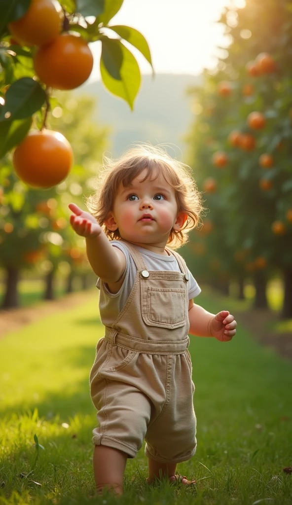 Create UHD photorealistic realistic photo, no animation, no 3D image, no Pixar style animation, no extra fingers. 18-month-old French-Italian girl with golden skin, sitting in an orchard, reaching for a ripe mirabelle plum. Use Canon EOS R5 with 85mm f/1.2 lens. Soft, warm afternoon lighting. Capture with shallow depth of field. Professional outdoor portrait style.