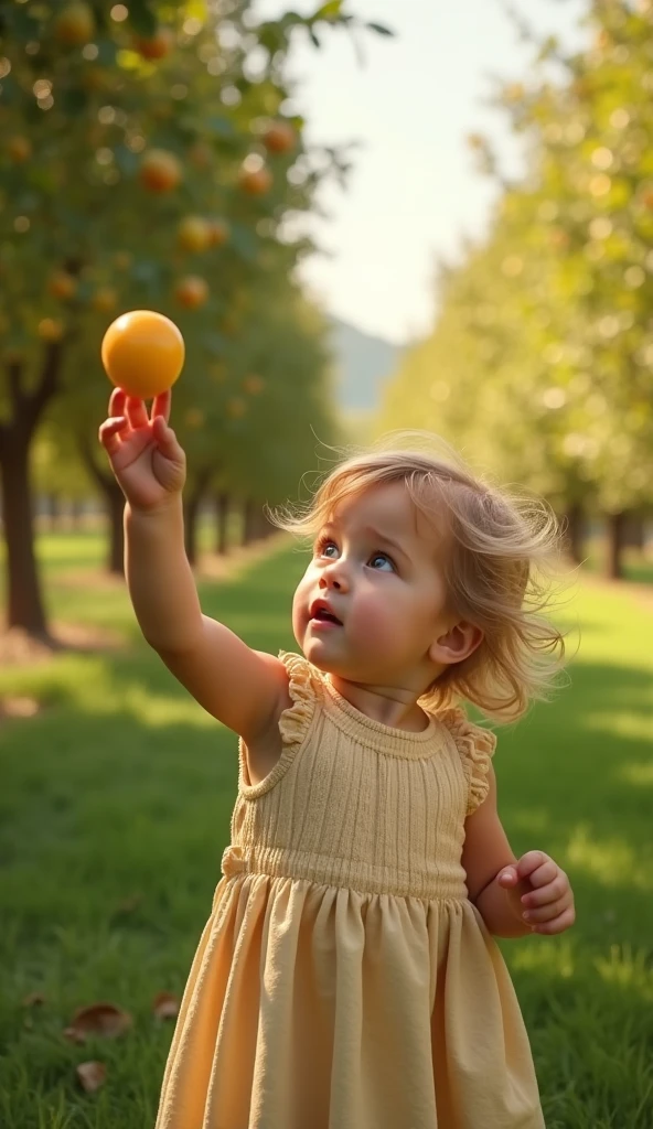 Create UHD photorealistic realistic photo, no animation, no 3D image, no Pixar style animation, no extra fingers. 18-month-old French-Italian girl with golden skin, sitting in an orchard, reaching for a ripe mirabelle plum. Use Canon EOS R5 with 85mm f/1.2 lens. Soft, warm afternoon lighting. Capture with shallow depth of field. Professional outdoor portrait style.