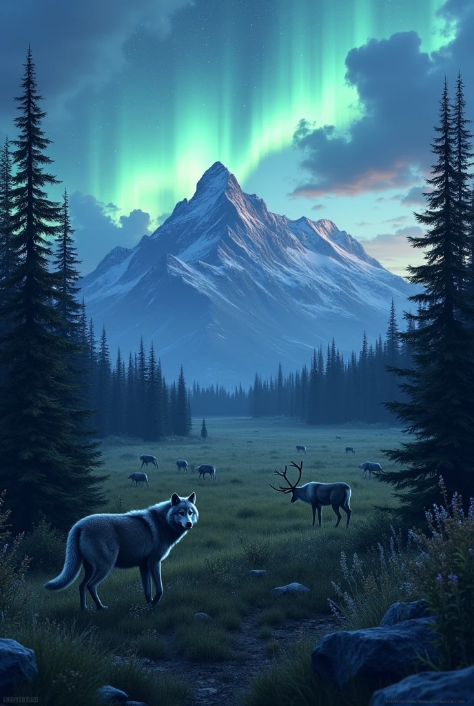 Denali national park at night with northern lights above partly cloudy sky and mountain range. Wolves in a forest with caribou in a Meadow