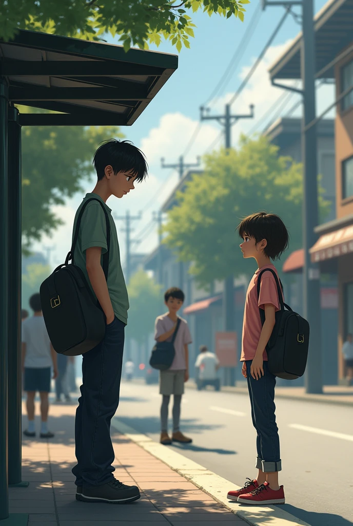 A girl having black colour sack with pink colour shirt and black jeans pant waiting on bus stand looking towards a boy having black colour sack and jeans pant