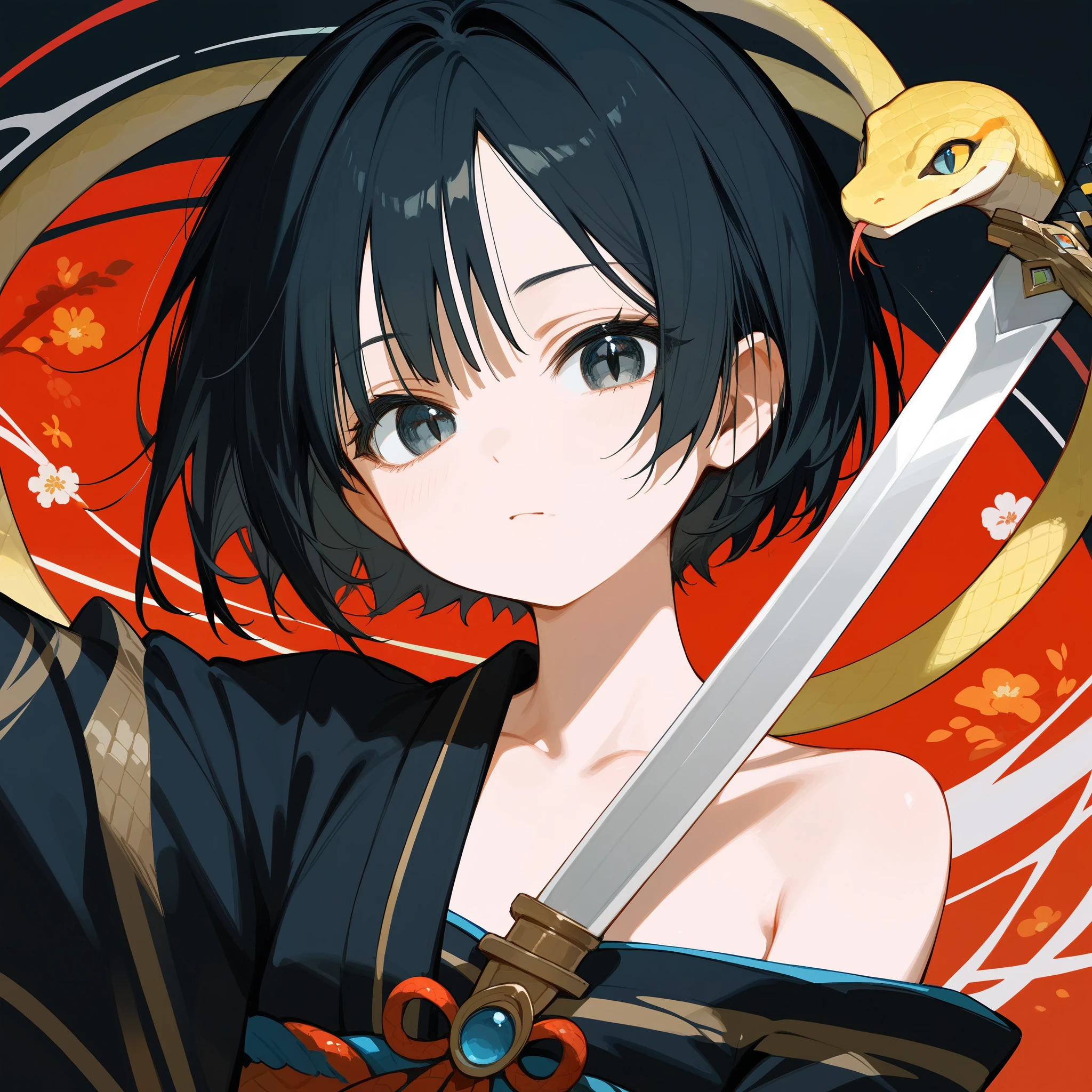 1 girl, Black Hair, iris, Off-the-shoulder kimono, beautiful_face, Black snake motif, Kimono with snake scale pattern, Solo Illustration, short hair, Black kimono, Holding a sword, Upper Body, close ~ eye, 笑face, Flat Chest