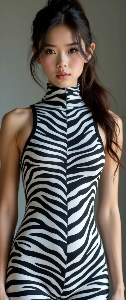 The beautiful taiwan contortion adult girl contortionist with beautiful cheeks wears zebra print full lycra dancewear turtleneck unitard catsuit.S和王always wear zebra print lycra full hood