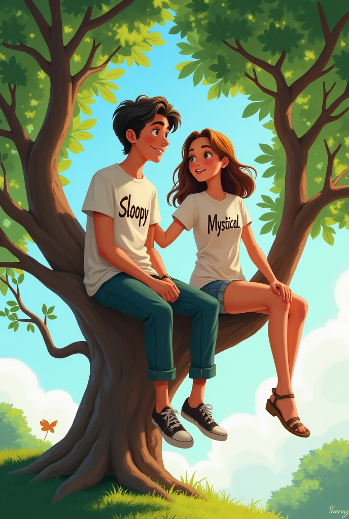 A guy with a t-shirt that says sloopy sitting in a tree with a girl that's wearing a t-shirt that says mystical.