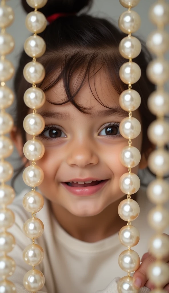 Create UHD photorealistic realistic photo, no animation, no 3D image, no Pixar style animation, no extra fingers. 24-month-old French girl with mischievous smile, peeking from behind a curtain of pearls. Use Nikon Z9 with 50mm f/1.4 lens. Studio lighting with soft box for a glamorous effect. Capture the sparkle in her eyes. High-end fashion portrait style.