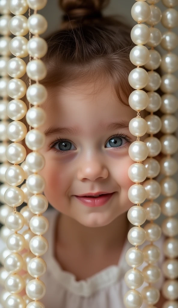 Create UHD photorealistic realistic photo, no animation, no 3D image, no Pixar style animation, no extra fingers. 24-month-old French girl with mischievous smile, peeking from behind a curtain of pearls. Use Nikon Z9 with 50mm f/1.4 lens. Studio lighting with soft box for a glamorous effect. Capture the sparkle in her eyes. High-end fashion portrait style.