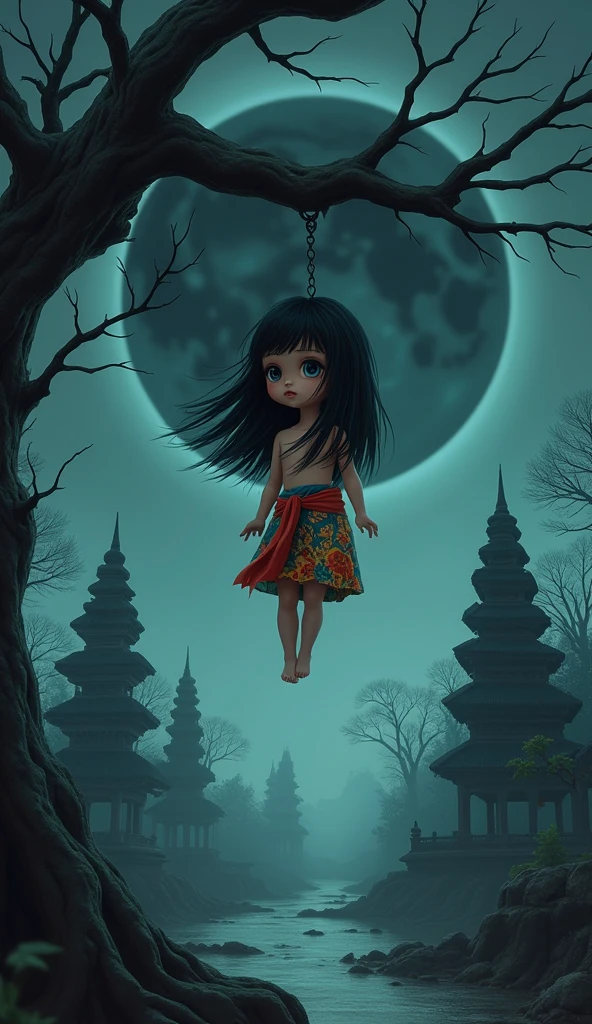 Chibi model is a doll, A beautiful girl with a perfect face, wearing a Thai-patterned sarong, with long black hair., Scary on the Crayon, Hanging face down, sitting on a leafless tall tree branch, strong wind, scary night atmosphere, many ancient temples and broken pagodas, a huge black moon.,222k