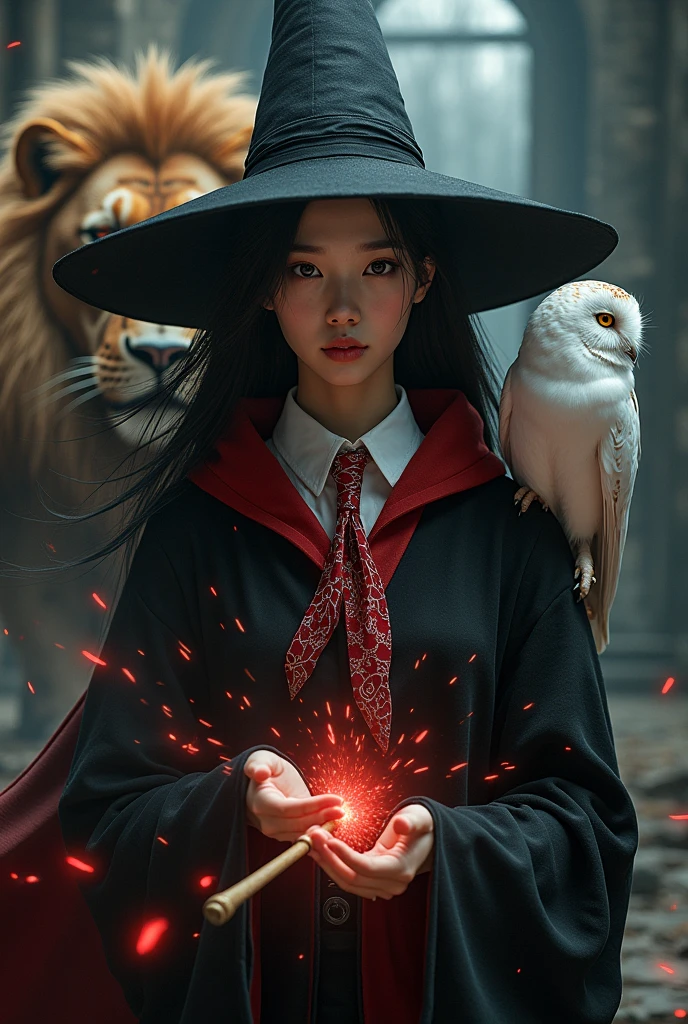 photo, asian woman, white skin, Facing straight, Fluffy black hair, Five long, slender fingers on each hand, Black witch cloak, Red Hood, black witch hat, White collared inner shirt, Red and white patterned tie, One hand holds a small wand., There were several red sparks and red smoke coming out of the wood., A white owl stands on the right shoulder., A large golden lion appeared from the left rear side., The background is an old black castle.