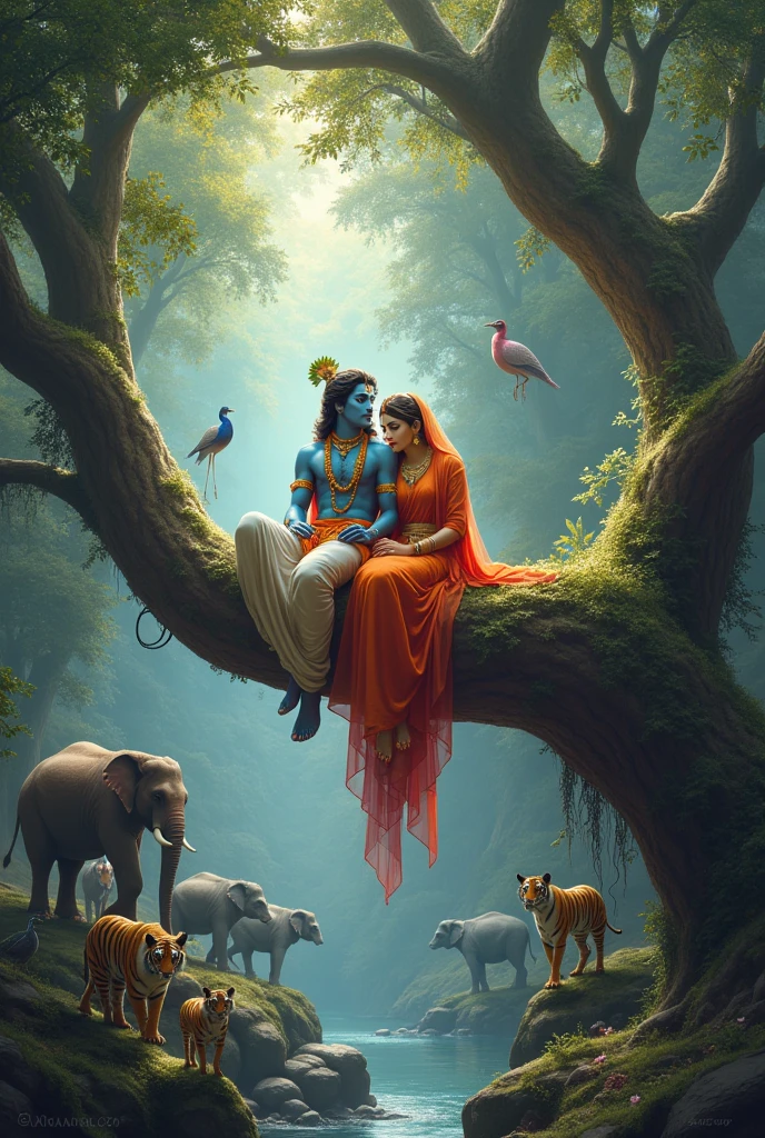 Such a Radha Krishna is sitting on a branch of a tree and is surrounded by huge animals and birds