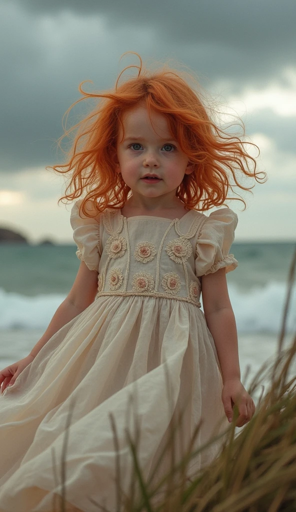 Create UHD photorealistic realistic photo, no animation, no 3D image, no Pixar style animation, no extra fingers. 30-month-old French-Celtic girl with wild red hair, wearing a princess dress on a windy Brittany beach. Use Sony A1 with 24-70mm f/2.8 lens. Dramatic natural lighting with stormy sky. Capture motion in hair and dress. Whimsical outdoor portrait style.
