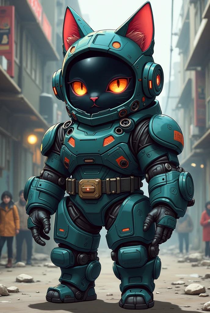 Japanese anime style、Small child、Rubber Suit、Mecha Head、Full Mask、Very thick armor、Anthropomorphic cyberpunk cat