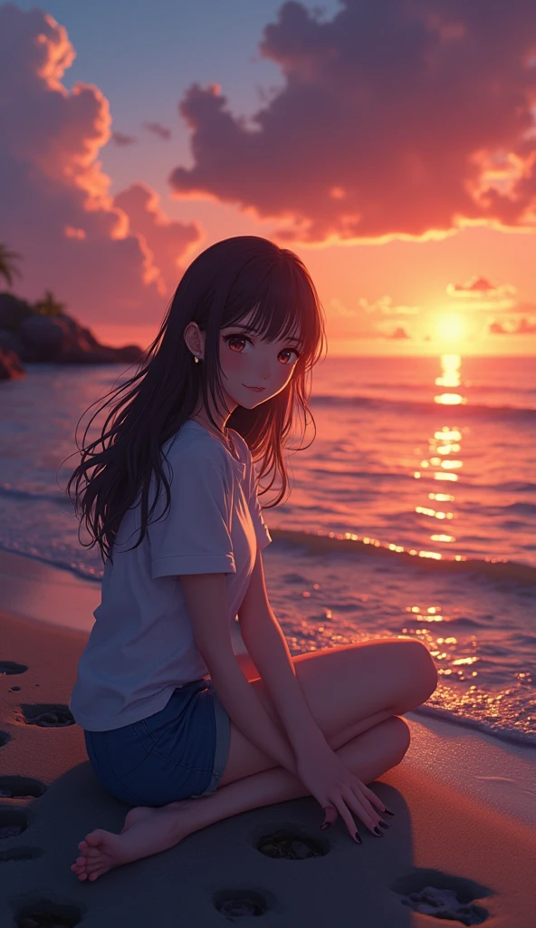 Imagine a Anime Girl sitting near the beach during the night, Vivid lighting, Captivating elegance, Atmospheric Depth, Amazing technique, Naturalistic representation, Harmonious composition, Creative refinement, A striking contrast, (One girl, Young Beauty), Sitting, smile, View Viewer, From above, Sharp focus, ((sunset)),Volumetric Fog, Outdoor, Backlight, 8k