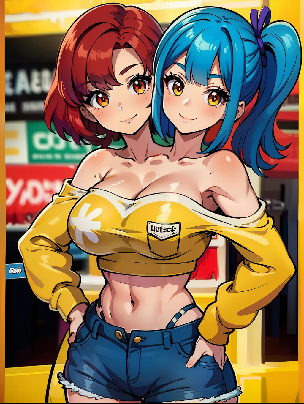 (masterpiece),(ultra-detailed), (high quality), (high resolution), (best quality:1.5, highres, UHD), highres, absurdo, ultra detail, ultra quality, Ultra resolution, 16k, 1girl, (2heads:1.5), girl with two heads, ((violet tube top)) ((red hair:1.5)), ((blue hair:1.5)), ((different hair colors:1.5)), (shorts with extra pockets), casual outfit with yellow patterns, ((long ponytails)) ((different hairstyles)), different haircuts, golden yellow eyes,, gentle smile