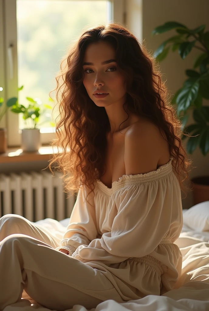 (photorealism:1.2), beautiful woman, sitting on bed, wearing loose off-shoulder top, pajama pants, long curly hair, indoors, soft lighting, plants in background, window with sunlight, cozy room, relaxed pose, realistic, intricate details, warm colors, by Greg Rutkowski, by Alphonse Mucha
