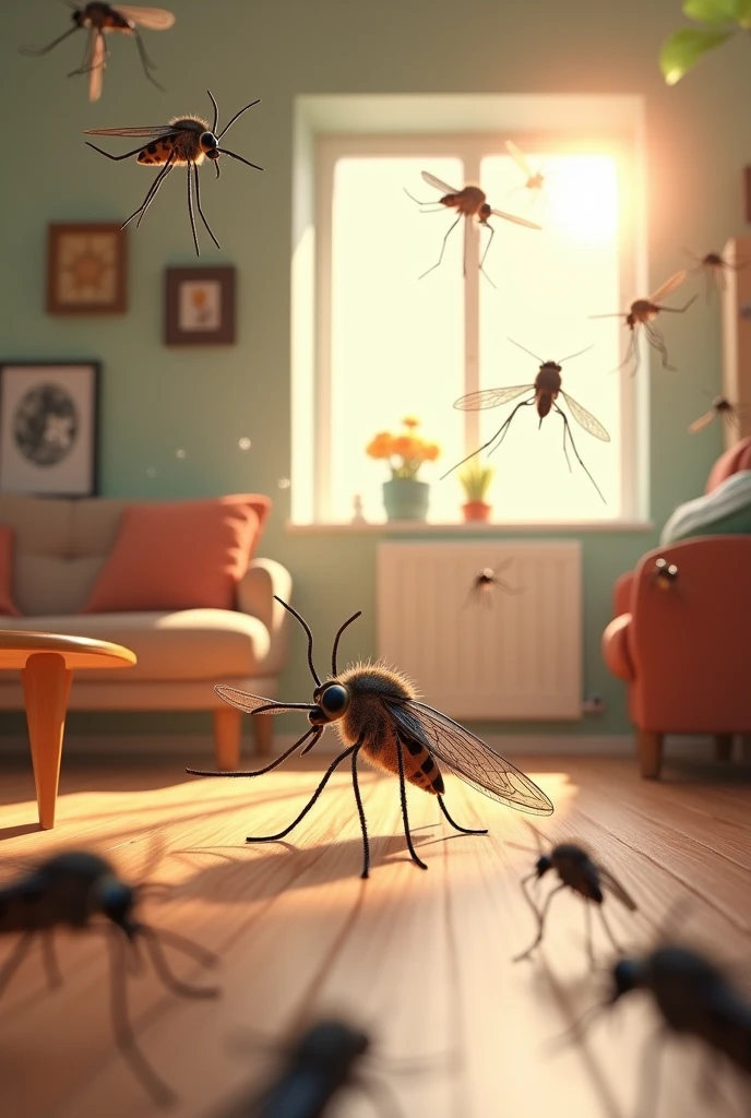 Mosquitoes in home ai 3d cartoon type realistic image
