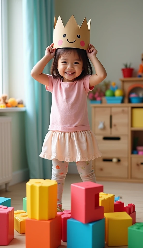 Create UHD photorealistic realistic photo, no animation, no 3D image, no Pixar style animation, no extra fingers. 36-month-old French-Vietnamese girl wearing a cardboard crown, standing atop a mountain of colorful toys in a playroom. Use Canon R6 with 16-35mm f/2.8 wide-angle lens. Bright, even lighting. Capture her triumphant pose. Lifestyle family portrait style.
